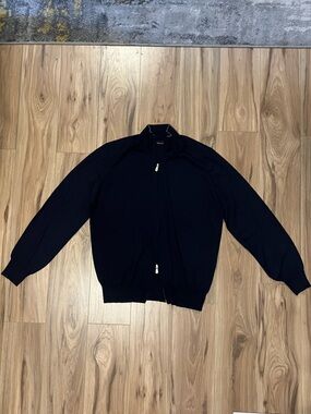 Brunello Cucinelli Fine Gauge Wool and Cashmere Dark Blue Cashmere Zip Up Jacket